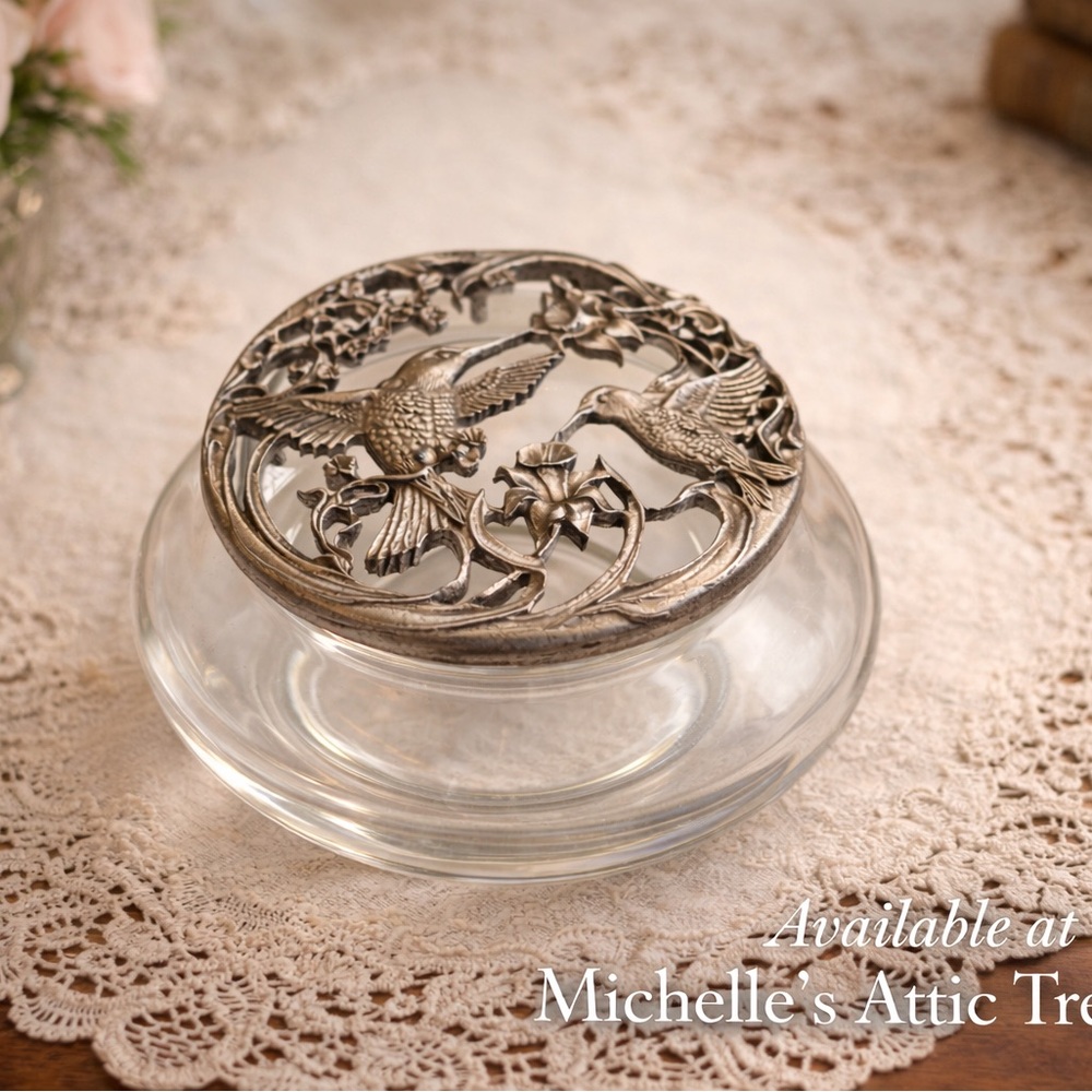 1989 Rawcliffe Pewter Hummingbirds Lidded Glass Potpourri Trinket Dish